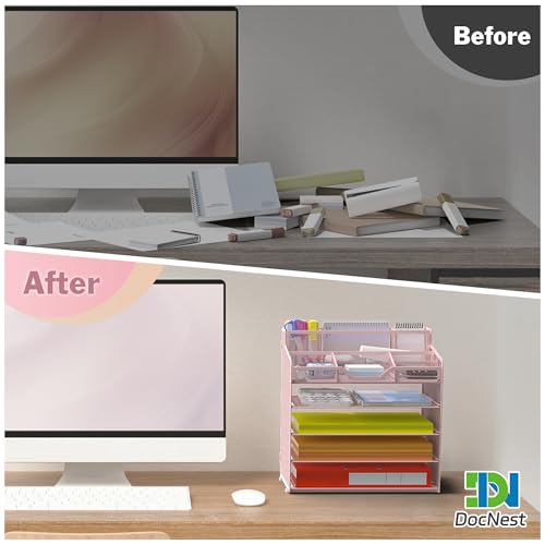 Docnest 5 Tier Mesh Desk Organizer for Paper Office Supplies – Multi-Functional Letter Tray with 5 Adjustable Compartments, 3 Pen Holders, Desktop Storage for Files, Mail, Stationery – Pink - color: Pink, size: 12.7" x 9.1" x 13.2"
