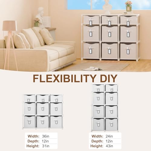 9 Cube Storage Organizer Shelf with Storage Bins and Label, 11 Inch Toy Cube Bins Clothes Closet Organizers Drawers Fabric Dresser for Living Room, Bedroom, Playroom, Dorm(White) - color: White
