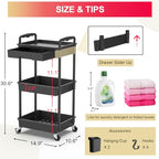 Goovilla 3 Tier Rolling Utility Cart Organizer with Removable Drawer, Stable and Sturdy Black Rolling Storage Carts with 2 Lockable Wheels for Bathroom, Kitchen, Snack, Craft, Makeup, Baby Essentials - size: 3 Tier, style: Black