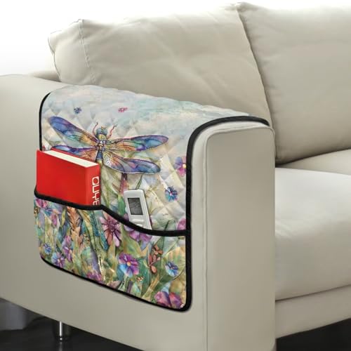 Dragonfly Daisy Print Couch Arm Covers with 2 Pocket Storage Water Resistant Sofa Chair Armrest Protector Stain Resistant Recliner Armrest Organizer for Dogs Cats Pet - color: Dragonfly Daisy