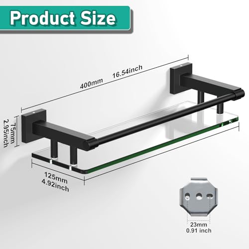 Glass Shelf 16IN for Bathroom Black Rectangular Stainless Steel Tempered Glass Modern Wall Mount Shelf Sink Over Toilet Bathroom Organizer (Matte Black, 16‘’) - color: Matte Black, size: 16'' with Railing