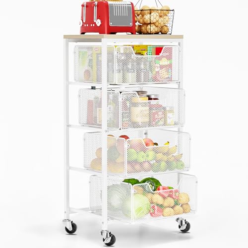 Goovilla Kitchen Cart with Drawers, 4 Tier Metal Rolling Utility Cart Organizer on Lockable Wheels with Wooden Top, White Fruit Vegetable Storage Rack Also for Cans, Snack, Craft, Art, Office, Beauty - size: White