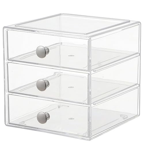 AJIODA Makeup Drawer Organizer Box with 3 Drawers, Acrylic Cosmetic Display Case Vanity Organizer Jewelry Storage Box Stackable Storage for Cosmetics, Skin Care, Bathroom, Countertop, Silver Handle - color: Silver Handle