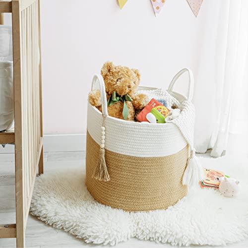 Mkono Woven Storage Basket Decorative Natural Rope Basket Wooden Bead Decoration for Blankets,Toys,Clothes,Shoes,Plant Organizer Bin with Handles Living Room Home, 16" Wx13.8 L, Cream White and Brown - color: Cream White and Brown, size: 16" W × 13.8"L