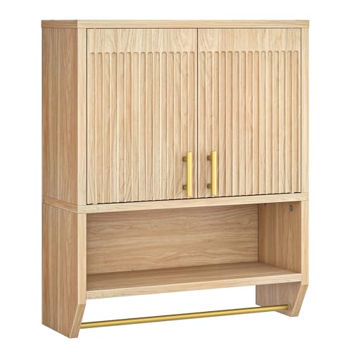 HOOBRO Fluted Medicine Cabinet, Farmhouse Bathroom Wall Cabinet with Towel Rack and Adjustable Shelf, Fluted Wall-Mounted Storage Organizer, for Bathroom, Kitchen, Natural - color: Natural, size: 20.5"L x 9"W x 27.5"H