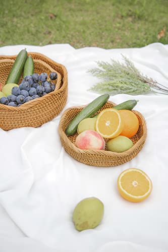 HITOMEN Handmade Rattan Bread Baskets Round Wicker Fruit Serving Storage Bowls, Natural Woven Decorative Kitchen Counter Organizing (Honey Brown) Set of 3 - size: Set (Small, Medium, Large)