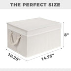 Set of 3 Fabric Bins for Organization - Foldable & Stackable With Lid & Rope Handles - Collapsible Fabric Storage Cubes Lightweight & Sturdy Bottom, Space Saving Collapsible Bin, Ivory