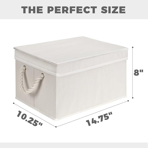 Set of 3 Fabric Bins for Organization - Foldable & Stackable With Lid & Rope Handles - Collapsible Fabric Storage Cubes Lightweight & Sturdy Bottom, Space Saving Collapsible Bin, Ivory