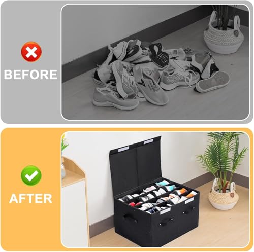 2 Pack Shoe Organizer for Closet, Foldable Shoe Storage Box with Adjustable Dividers, Large Space Saving Shoe Storage Container Fits up to 16 Pairs with Reinforced Handles (Black) - color: Black