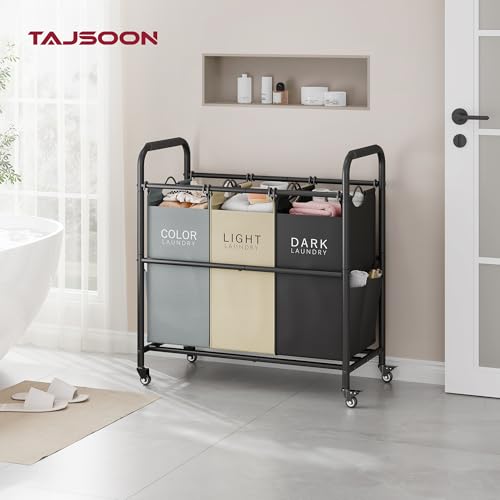 Tajsoon 3 Bag Laundry Sorter Cart, Laundry Hamper Sorter Basket with Heavy Duty Lockable Rolling Wheels for Clothes Storage, 3 Colors - color: GreyWhiteBlack, size: 3 Bag