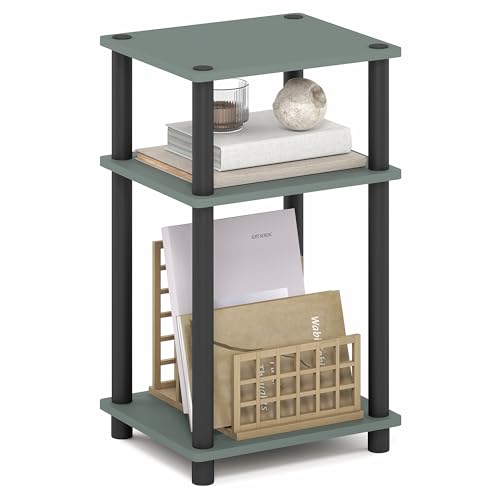 Furinno JUST Side Table, 3-Tier End Table, Open Shelves Night Stand, Bedside Table, Toolless Assembly, for Living Room, Bedroom, Bathroom, Sage Green - color: Sage Green/Black, size: 3-Tier, Round Pole, style: 1-Pack