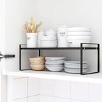 Expandable Cabinet Shelf Rack Set of 2, 13"~24" L X 8" D X 7" H Stackable Kitchen Cabinet Organizer Shelves Set of 2 for Countertop Pantry Cabinet Accessories - color: Black