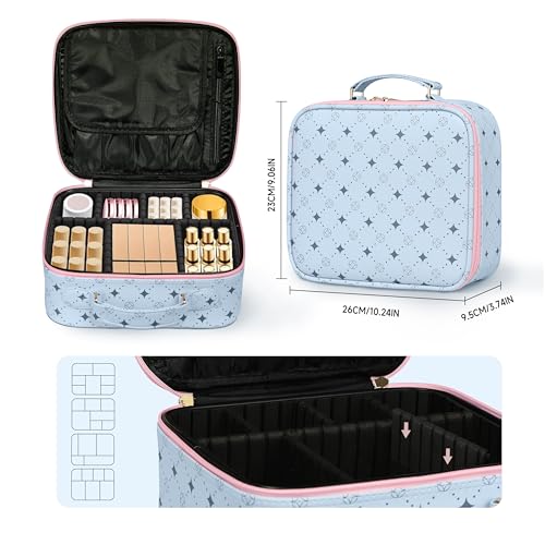 M Y U R E N Travel Makeup Bag,Waterproof Cosmetic Organizer, Adjustable Dividers,Portability Cosmetic Train Case,Makeup organizer,Gift for Women,Girls Gift (Blue+Pink) - color: Blue+Pink