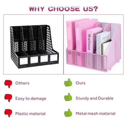 Desk Organizers, Metal Magazine File Holder with 4 Vertical Compartments Rack Binder File Organizer for Office Supplies, Home Workspace - Pink - color: Pink, size: 4 Compartments