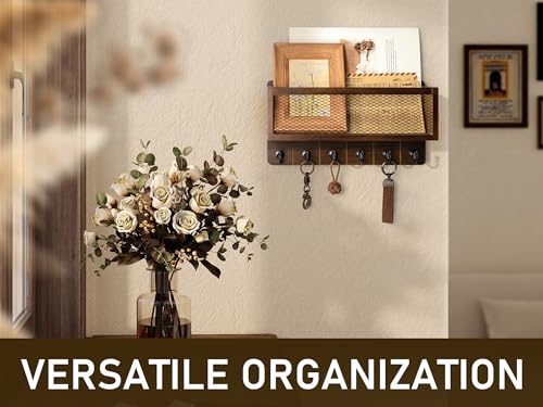 Rebee Vision Farmhouse Key Holder for Wall with Mail Storage Basket : Decorative Wall Mount Organizer with 6 Sturdy Wall Hooks and Wooden Key Rack - Rustic Home Decor (Retro Brown) - color: Brown