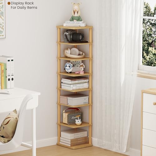 LUCKNOCK Vertical Shoe Rack, 8-Tier Tall Narrow Shoe Organizer for Entryway, Closet, Dorm & Small Spaces, Freestanding Wooden Shoe Shelf Tower for Boots, Sneakers, Heels. (Natural) - color: Natural