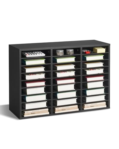 VEVOR Literature Organizer, 27 Compartments Office Mailbox with Removable Shelves, Wooden Mailbox Sorter Particle Board Office Home Classroom Storage, File Sorter for Files, Documents, Papers, Black - color: Black, size: 27 Compartments