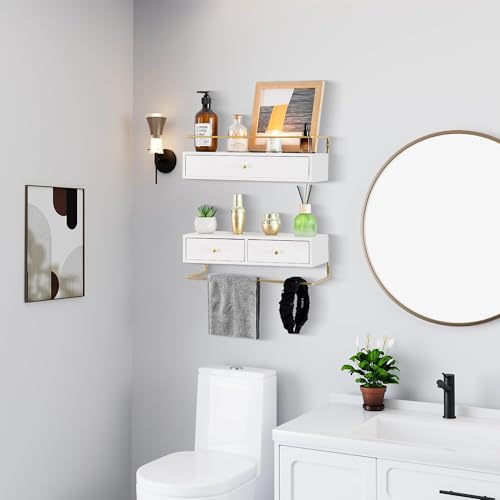 Dreampossible Floating Shelves With Drawers Set of 2 - Wall Mounted Storage for Bathroom, Living Room, Kitchen - Rustic Wood Wall Decor for Plants, Books - color: White, size: 15.8 Inch Long