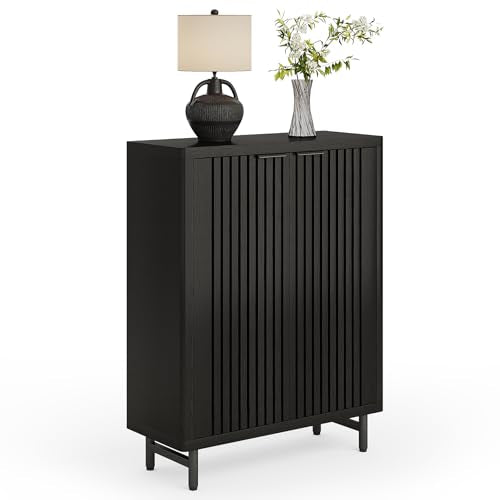 LITTLE TREE 6-Tier Shoe Cabinet with Doors for Up to 24 Pairs, Large Wooden Shoe Storage Cabinet with Adjustable Shelves, Black Freestanding Shoe Organizer Cabinet for Entryway, Hallway - color: Black