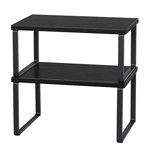 CADUKE Counter Shelf Organizer Set of 2 Kitchen Cabinet Shelves Expandable Countertop Shelves Organizer Wood Cabinet Shelf Black Stackable Storage Rack for Pantry - color: Black 2