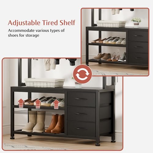 Lulive Hall Tree with Bench and Shoe Storage, 31.5" Coat Rack Freestanding with 2-Tier Storage Shelf, 6-in-1 Entryway Bench Coat Rack with 12 Hooks and 3 Drawers(Black) - color: Black