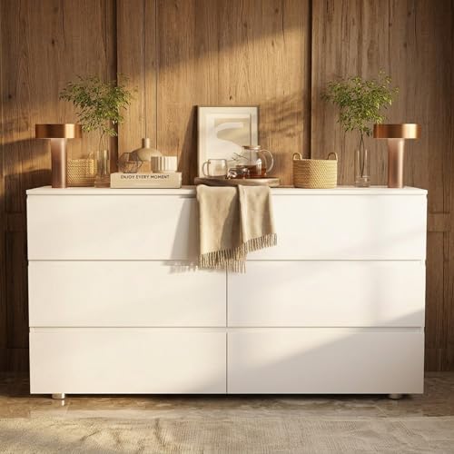 FAMAPY 6 Drawer Dresser for Bedroom, Sturdy Wooden Chest of Drawers with Wide TV Stand Surface, Minimalist Handle-Free Design, Double Dresser Cabinet White 59”W x 15.7”D x 32.3”H - color: White-upgraded