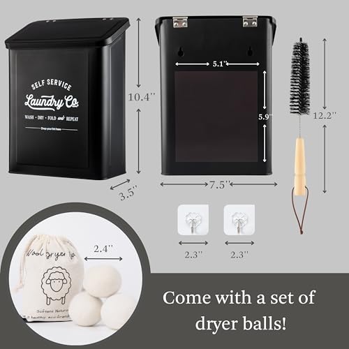 MONJITA Magnetic Lint Bin for Laundry Room, Metal Trash Can with Lid for Dryer, Farmhouse Lint Holder, Laundry Co Sign, Laundry Room Storage Decor with Dryer Lint Brush (Black-Dryer Ball Set) - color: Black (Dryer Ball Set)
