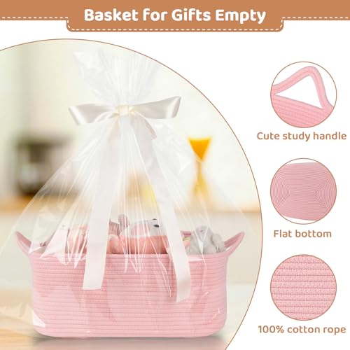 OIASKET Large Empty Gift Baskets for Baby Shower, 16.5" L x 12.6" W x 7" H Cute Woven Storage Basket with Gift Bags and Ribbons, Small Rope Toy Basket with Handles, Cat Dog Pet Toy Organizer - Pink - color: Pink, size: Large: 16.5"L x 12.6"W x 7"H