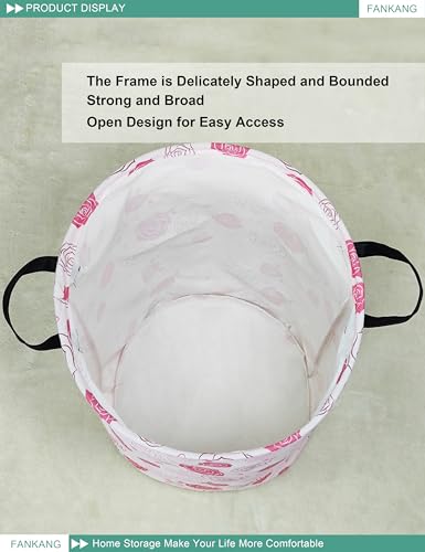 FANKANG Storage Basket, Nursery Hamper Canvas Laundry Basket Foldable with Waterproof PE Coating Large Storage Baskets for Kids Boys and Girls, Office, Bedroom, Clothes,Toys(Pink roses) - color: Pink roses
