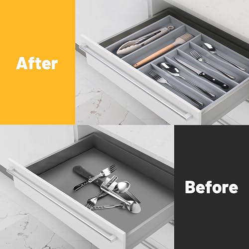 Kitchen Bamboo Silverware Organizer, Kitchen Drawer Organizer - Utensil Holder and Cutlery Tray with Grooved Drawer Dividers for Flatware 7 Slot, Grey - color: Grey, size: 7 Slots