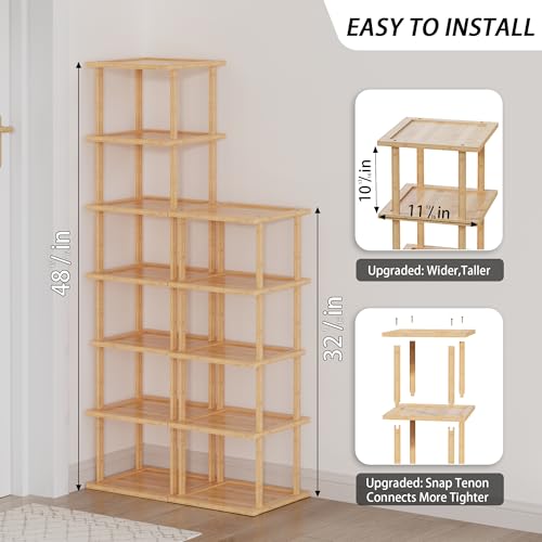 Vertical Tall Shoe Rack Organizer for Entryway -12 Tier Free Standing Slim Narrow Bamboo Wood Corner Stackable Shoe Boots Storage Stand Small Spaces for Closet Garage Cloakroom Living Room (Nature) - color: Nature, size: 12 Tier