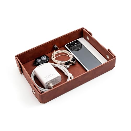 SANQIANWAN PU Leather Valet Tray Small NightStand Bedside Entry Table Trya for Phone Jewelry Glasses Keys and Coins Father's Day Birthday Gifts (Brown) - color: Brown
