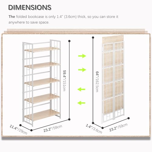 4NM No Assembly 5 Tiers Folding Bookshelf, 59.4" H Foldable Storage Shelves Vintage Bookcase Standing Racks Study Organizer Home Office - Natural White - color: Natural White, size: 5-Tier