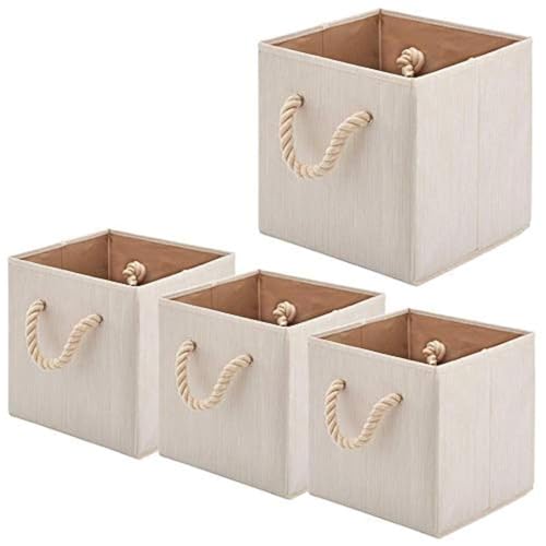 Foldable Bamboo Fabric Storage Bins [set of 4] with Cotton Rope Handles, Collapsible Organizer Boxes Basket - 10.5 x 10.5 x11 inch (Beige) - color: Beige