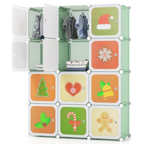 HONEY JOY Kids Wardrobe Closet, Baby Cartoon Clothes Storage Organizer, 12 Cubes & 2 Hanging Sections, Portable Children DIY Modular Bedroom Armoire Dresser Cabinet for Boys Girls (Green) - color: Green, size: 12-Cube