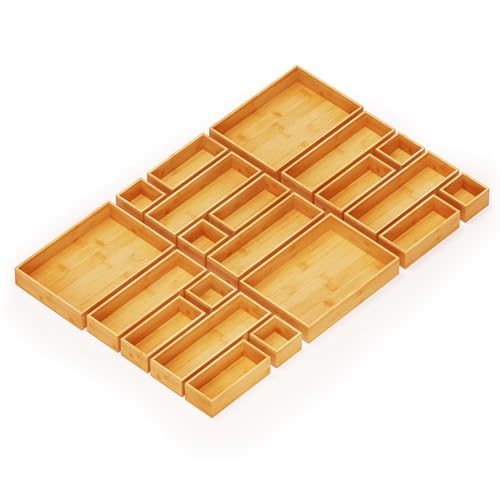 SpaceAid 21-Piece Bamboo Drawer Organizer Storage Boxes Set, Wood Tray Junk Drawer Organizers Multi-Use Divider Bins for Kitchen, Bathroom, Office Desk and Makeup Organization (21 Pack, Natural) - color: Natural