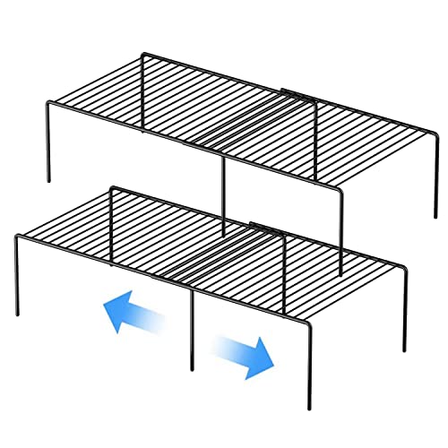 Kitchen Cabinet Expandable Shelf Organizers Set of 2, Adjustable Metal Wire Pantry Storage Shelves, Plate Dish Organizer Rack for Cabinets, Cupboard, Counter, Freezer, Countertop, Black - color: Black