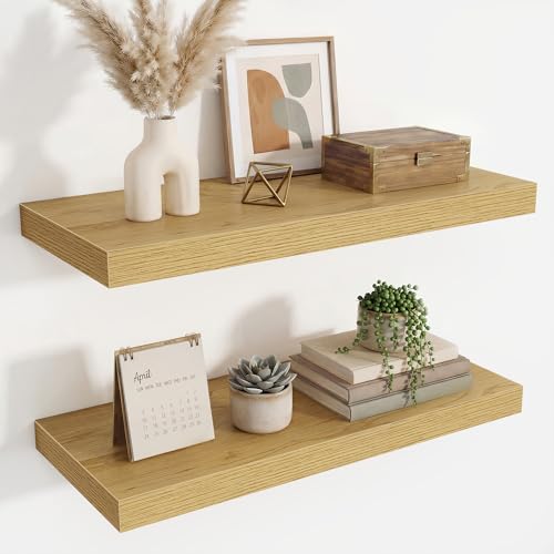 24 Inch Floating Shelves for Wall Decor,9.3" Deep Floating Shelf Wall Book Shelves,Large Display Storage Shelf,Wall Mounted Shelves with Invisible Bracket for Living Room,Bedroom,Bathroom,Kitchen,Oak - color: Oak, size: 24 Inch,Set of 2