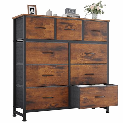 OLIXIS Dresser for Bedroom, 9 Storage Drawers, Wide Fabric Closet Chests Organizer Tower Furniture, TV Stand with Wooden Top Metal Frame for Clothes, Living Room, Hallway, Entryway, Rustic Brown - color: Rustic Brown, size: 39.4"D x 11.8"W x 39.9"H (9 Dra