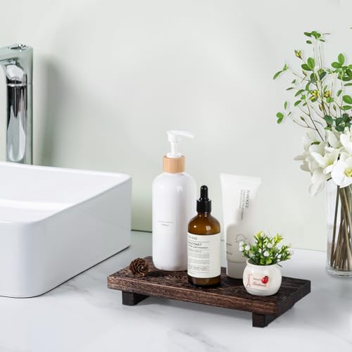 Bathroom Tray Farmhouse Decor Pedestal Stand Wood Riser Display Kitchen Accessories Soap Holder for Sink, Counter, Vanity, Dark Brown - color: Drak Brown, size: 10" x 4.5" x 1.6"