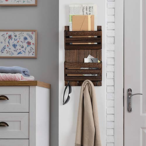BTY Mail Holder for Wall, Wooden Mail Sorter with 4 Key Hooks, 2 Slot Wall Mounted Mail Sorter Letter Bills Newspaper Magazine Organizer for Entryroom Hallway Office Garage, Rustic Brown - color: Dark Brown