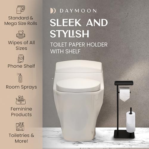 Day Moon™ - Toilet Paper Holder - Modern Roll Holder for Bathroom - 1 Pack - Free Standing - with Shelf, Black - color: Matte Black, size: Free Standing 1 Pack