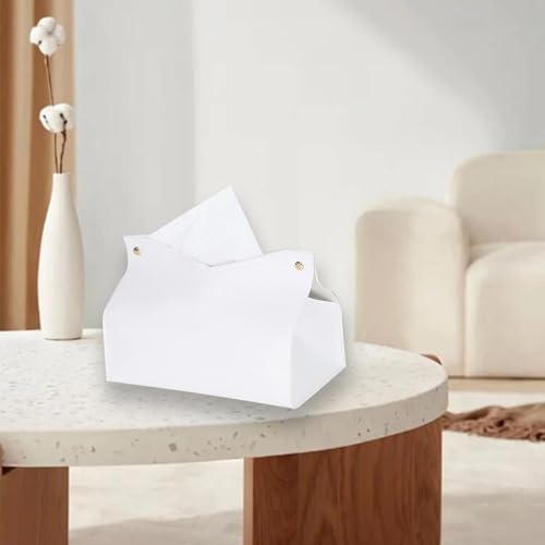 1PCS PU Leather Tissue Box Cover, Rectangle Facial Paper Organizer Dispenser, Modern Tissue Case Holder for Vanity Countertop Nightstands Living Room Office Desk Car (White) - color: White