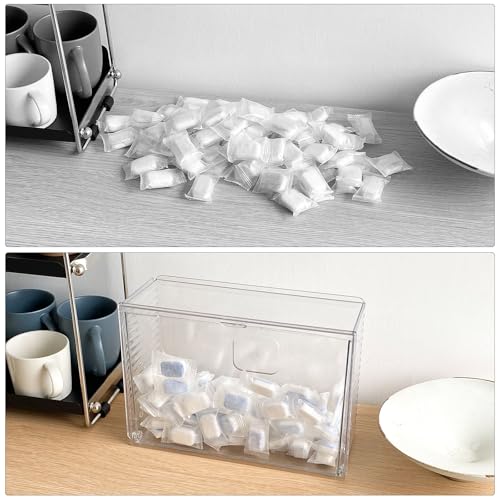 Clear Dishwasher Detergent Pod Holder for Kitchen Cabinet, Plastic Under Sink Storage and Organizer for Lid, Sponge, Coffee Pods, Large Laundry Pods Dispenser Box with Divider