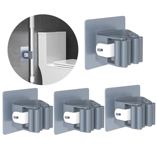3-H 4-Pack Self Adhesive Broom Holder Wall Mount - Heavy Duty No Drill Broom Organizer for Garage Closet Kitchen, Plastic Storage Rack for Brooms Mops Tools, Peel and Stick Adhesive - color: Grey, size: 4