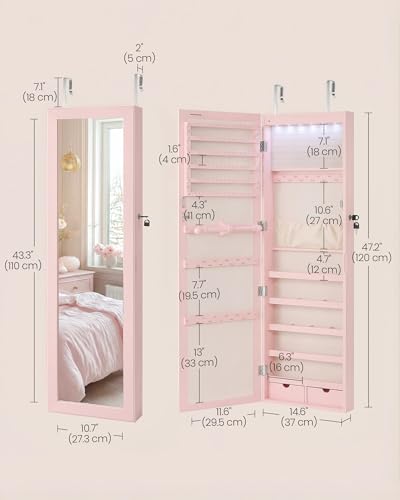SONGMICS 6 LEDs Mirror Jewelry Cabinet, 47.2-Inch Tall Lockable Wall or Door Mounted Jewelry Armoire Organizer with Mirror, 2 Drawers, 3.9 x 14.6 x 47.2 Inches, Jelly Pink UJJC093SA02S - color: Jelly Pink