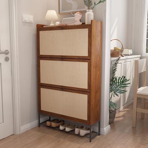 AVZEAR Narrow Shoe Storage Cabinet with 3 Flip Drawers, Freestanding Wooden Closed Shoe Rack, Slim Cabinet Storage for Entryway, Hallway, Living Room (Walnut) - color: Walnut, size: 3 Drawers