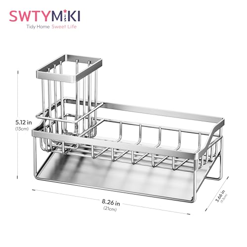 SWTYMIKI Sink Caddy Sponge Holder - Kitchen Sink Organizer with Stainless Steel Self Drain Tray & High Brush Holder for Countertop to Hold Dish Soaps and Sponges, Stainless Steel, Silver - color: Silver-Slope Drain, size: Medium