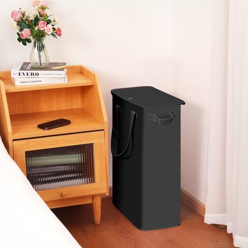 efluky Slim Laundry Basket with Lid, Narrow Laundry Hamper with Handles, Collapsible Dirty Clothes Hamper, Tall Laundry Bin for Laundry Room, Dorm and Bedroom, 55L Black - color: Black, size: 55L with Lid