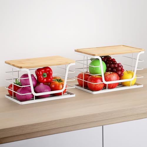 ALOCEO 2 Pack Potato and Onion Storage Bins, Large Trash Bag Holder Under Sink with Bamboo Top, Stainless Steel Pantry Organizers Storage, Kitchen Counter, White - color: 2-pack - Xl&l White
